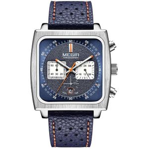 MEGIR 2182 heren zakelijke chronograaf kalender waterdicht lichtgevend horloge vierkant quartz horloge (blauw gezicht blauwe riem)