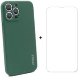 Hat-Prince Enkay Vloeistof Siliconen Schokbestendig Beschermhoes Drop Protection Cover + 9H gehard Glas Screen Protector voor iPhone 13 Pro (Dark Green)