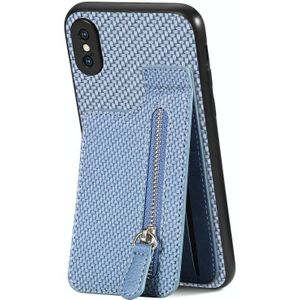 Voor iPhone X / XS Koolstofvezel Verticale Flip Rits Telefoon Case(Blauw)