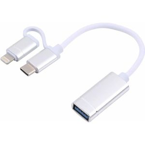 USB 3.0 Vrouw tot 8 PIN + USB-C / Type-C Mannelijke opladen + transmissie OTG Nylon Gevlochten Adapterkabel  Kabellengte: 11cm (Silver + White)
