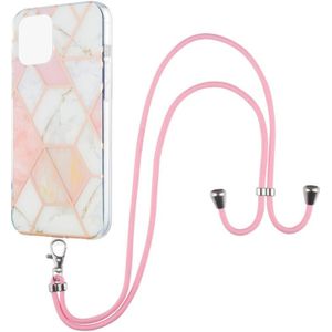 Electroplating Splicing Marmeren Patroon Dual-Side IMD TPU Schokbestendig Case met Hals Lanyard voor iPhone 13 Pro Max (roze wit)