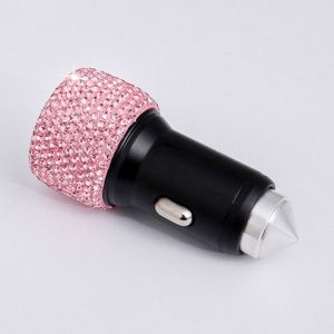 Diamond Car Dual USB charge mobiele telefoon Safety Hammer oplader (roze)