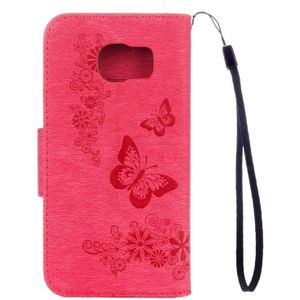 Voor Galaxy S7 Active geperst bloemen vlinder patroon horizontale Flip lederen draagtas met houder & kaartsleuven & portemonnee & Lanyard(Magenta)