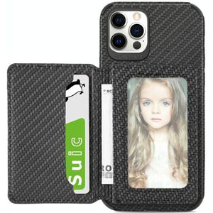 Carbon Fiber Magnetic Card Bag TPU+PU Shockproof Back Cover Case with Holder & Card Slot & Photo Frame For iPhone 12 Pro Max(Black)