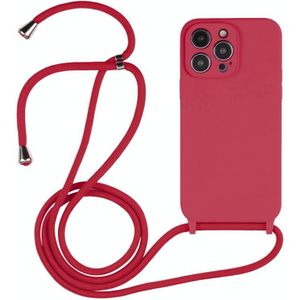 Voor iPhone 15 Pro Crossbody Lanyard vloeibare siliconen hoes (roze rood)