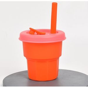 Kinderen Siliconen Stro Cups Drop En Hoge Temperatuur Resistente Water Cups Orange Cup + Cherry Blossom Roze Cover (400ml)