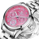 FNGEEN 3579 Dames Fashion Hollow Automatische Mechanische Horloge Kalender Horloge (Lederen Riem Wit Oppervlak)