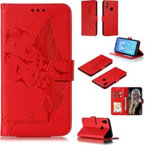 Feather patroon Litchi textuur horizontale Flip lederen draagtas met portemonnee & houder & kaartsleuven voor Huawei Y7 (2019) (rood)