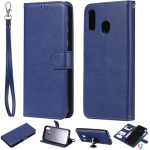Voor Galaxy M20 Solid Color Horizontal Flip Protective Case met Holder & Card Slots & Wallet & Photo Frame & Lanyard(Blue)