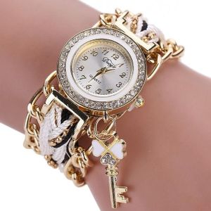 Vrouwen ronde Dial Diamond gevlochten hand strap quartz horloge met sleutelhanger (wit)