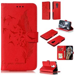 Feather patroon Litchi textuur horizontale Flip lederen draagtas met portemonnee & houder & kaartsleuven voor Motorola Moto G7 Power (rood)