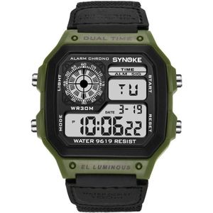 Synoke 9619b Nylon Canvas Strap Lichtgevend Waterdicht Digitaal Horloge (Green Head Black Belt)