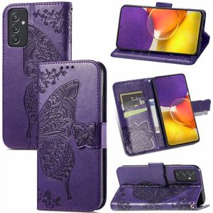 Voor Samsung Galaxy A82 5G Butterfly Love Flower relif horizontale flip lederen tas met beugel / kaart slot / portemonnee / lanyard (Dark Purple)