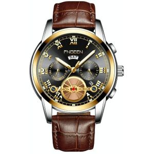 FNGEEN 4001 Heren niet-mechanisch horloge multi-functie Quartz Horloge  kleur: bruin ledergoud zwart oppervlak