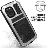 R-JUST Schokbestendig waterdicht stofdicht metaal + siliconen beschermhoes met houder voor iPhone 12 Pro Max(Zilver)
