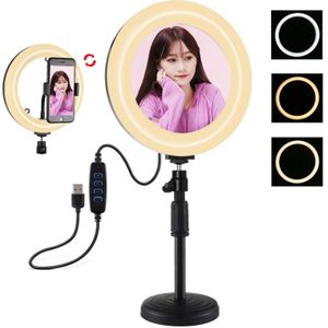 PULUZ 7 9 inch 20cm Spiegellicht + Round Base Desktop Mount 3 modi Dimable Dual Color Temperature LED Curved Light Ring Vlogging Selfie Photography Video Lights with Phone Clamp (Black) PULUZ 7 9 inch 20cm Mirror Light + Round Base Desktop Mount 3 Mo