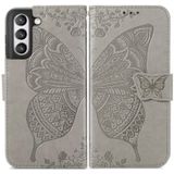 Voor Samsung Galaxy S21 Fe Butterfly Love Flowers Relif Horizontale Flip Lederen Case Met Houder & Card Slots & Wallet & Lanyard