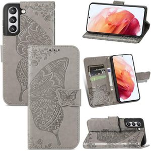 Voor Samsung Galaxy S21 Fe Butterfly Love Flowers Relif Horizontale Flip Lederen Case Met Houder & Card Slots & Wallet & Lanyard