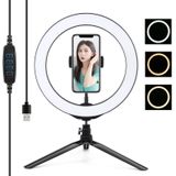 PULUZ Desktop Tripod Mount + 10 2 inch 26cm USB 3 Modes Dimable LED Ring Vlogging Selfie Photography Video Lights with Cold Shoe Tripod Ball Head & Phone Clamp (Zwart)