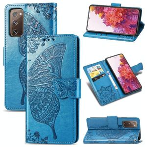 Voor Galaxy S20 FE / S20 Lite Butterfly Love Flower Relif Horizontale Flip Lederen Case met beugel / kaartslot / Portemonnee / Lanyard(Blauw)