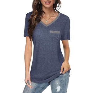 Zomer Kleur Matching V-hals Pocket Losse Casual Katoen T-shirt met korte mouwen voor dames (kleur: Navy Blue Size: L)