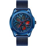 Sanda 1065 3D-holle wiel niet-roteerbare wijzerplaat Quartz horloge voor mannen  stijl: Mesh riem (blauw rood)