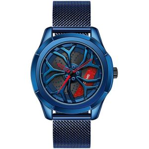 Sanda 1065 3D-holle wiel niet-roteerbare wijzerplaat Quartz horloge voor mannen  stijl: Mesh riem (blauw rood)