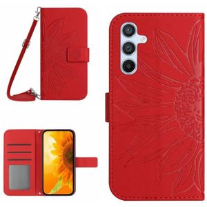 For Samsung Galaxy A15 Skin Feel Sun Flower Embossed Flip Leather Phone Case with Lanyard(Red)