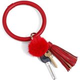 2 PCS Fringed Bracelet Sleutelhanger Circle Anti-Lost PU Lederen Haarbal Armband Keyring Hanger (Rood)