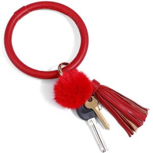 2 PCS Fringed Bracelet Sleutelhanger Circle Anti-Lost PU Lederen Haarbal Armband Keyring Hanger (Rood)