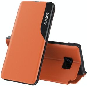 Voor Samsung Galaxy S7 Edge Side Display Magnetic Shockproof Horizontale Flip Lederen behuizing met houder(oranje)