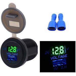 Universele auto n poort USB-oplader stopcontact adapter 2.1 A 5V IP66 met LED Digitale voltmeter + 60cm kabel (groen lampje)