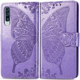 Butterfly Love bloemen relif horizontale Flip lederen case voor Galaxy A50  met houder & kaartsleuven & portemonnee & Lanyard (licht paars)