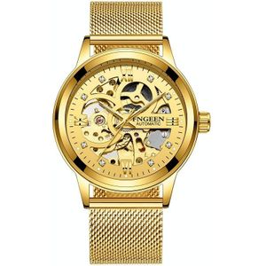 FNGEEN 6018 mannen automatische mechanische horloge waterdichte lichtgevende diamant dubbelzijdig hol horloge (gouden mesh riem gouden oppervlak)