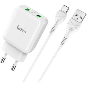 hoco N6 Charmer Dual Ports QC 3.0 USB Snellaadlader met USB naar USB-C / Type-C DataKabel  EU Plug (Wit)