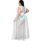 Doorzichtig sexy net garen plus size jurk tweedelige pak (kleur: wit Maat: XL)