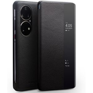 Voor Huawei P50 Pro QIALINO Lederen Zijruit View Smart Phone Case (Zwart)
