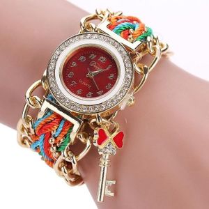 Vrouwen ronde Dial Diamond gevlochten hand strap quartz horloge met sleutelhanger (rood)
