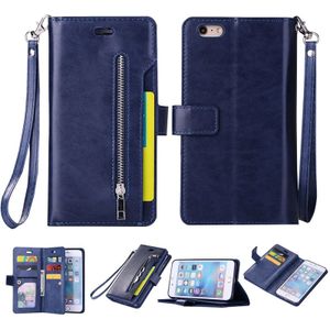 Voor iPhone 6 Plus & 6s Plus Multifunctionele Rits Horizontale Flip Lederen Case met Holder & Wallet & 9 Card Slots & Lanyard(Blauw)