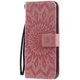 Voor Motorola Moto E6s (2020) Geperst Afdrukken Zonnebloempatroon Horizontaal Flip PU Lederen Kast Houder & Kaartslots & Wallet & Lanyard(Roze)