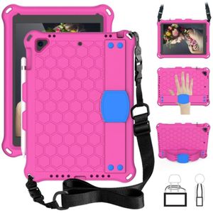 Voor iPad 9.7 2017/2018 Honeycomb Design EVA + PC Four Corner Anti Falling Flat Protective Shell With Straps (Rose Red+Blue)