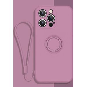 All-inclusive Liquid Silicone Phone Protective Case with Ring Holder & Lanyard For iPhone 13 Pro(Cherry Blossom Purple)
