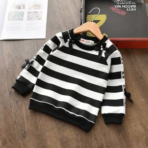 Spring and Autumn Bow-knot Stripe Print Lace Edge Long Sleeve Top Girls Clothes  Height:130cm(Black)