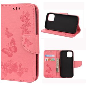 Voor iPhone 12 Pro Max Vintage Bloemenvlinderpatroon Horizontaal Flip Lederen kast met kaartslot & houder & portemonnee & lanyard(roze)