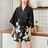 Womens Summer Print Kimono Robe Satin Lace Gown Fashion Sleepwear  Size:M(Zwart)