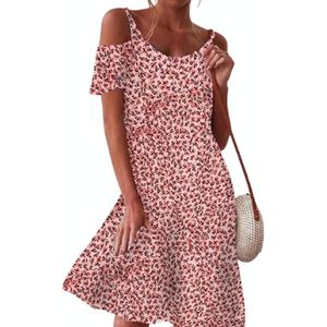 Kleine bloemen losse strapless korte mouw jurk korte rok voor dames (kleur: roze maat: XL)