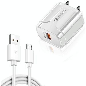 LZ-023 18W QC 3.0 USB Portable Travel Charger + 3A USB naar Micro USB-datakabel  Amerikaanse stekker(wit)