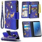 Voor Samsung Galaxy S9 Plus Gekleurd tekenpatroon Rits Horizontale Flip Lederen case met Holder & Card Slots & Wallet(Purple Butterfly)
