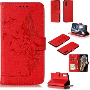 Feather patroon Litchi textuur horizontale Flip lederen draagtas met portemonnee & houder & kaartsleuven voor Galaxy A50 (rood)