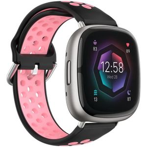 Voor Fitbit Sense 2 tweekleurige geperforeerde ademende siliconen horlogeband (zwart + roze)